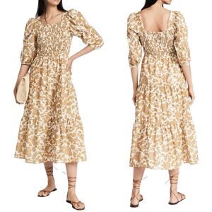 Moon River Smocked Poplin Dress Tiered Skirt Neutral Puff Sleeve Cotton Midi S